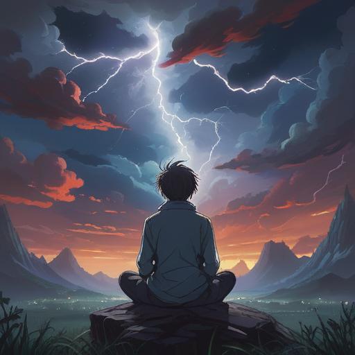 A surreal illustration of a stormy night sky, vivid lightning illuminating a serene landscape, ethereal clouds swirling, a mystical figure meditating under the lightning, vibrant energy radiating from the figure, reflective water mirroring the flashes, deep spiritual connection, 4k