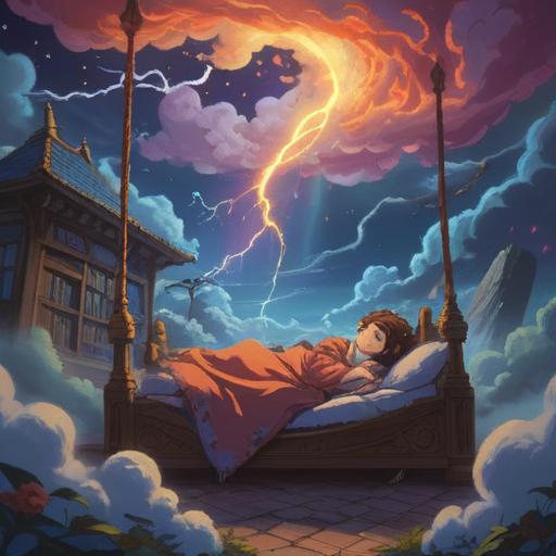 A mystical scene depicting a person sleeping peacefully, surrounded by swirling clouds and lightning bolts, ethereal light illuminating the dream world, symbols of protection and warning in the background, a sense of tranquility mixed with the power of nature, spiritual elements like feathers and crystals, vibrant colors conveying a deep dream state, 4k