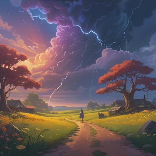 A mystical scene depicting a tranquil landscape after a thunderstorm, vibrant rainbows in the sky, scattered lucky charms on the ground, soft light illuminating the area, a serene atmosphere, hints of water droplets glimmering in sunlight, gentle puffs of clouds, lush greenery, feeling of hope and optimism, 4k