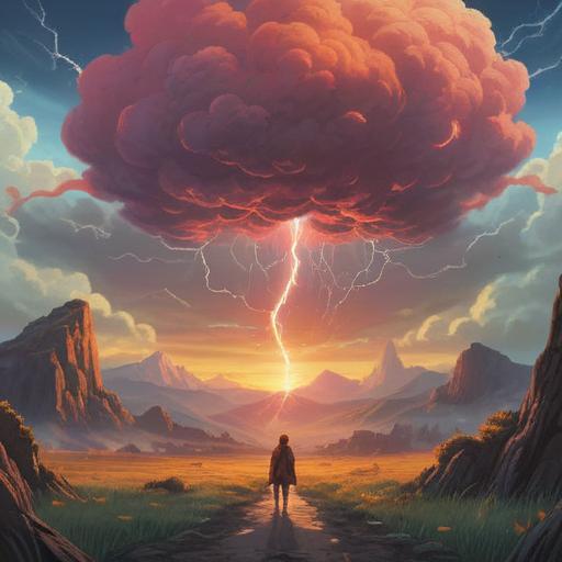 A spiritual scene of lightning illuminating a serene landscape, vibrant energy surging through the sky, symbolic representation of good omens, ethereal light casting reflections on tranquil waters, harmonious connection between nature and spirituality, mystical atmosphere, glowing horizons, 4k