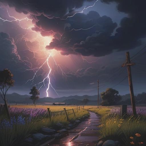 A mystical illustration depicting a serene landscape illuminated by a sudden flash of lightning, dark storm clouds gathering ominously, ethereal figures appearing in the light, vibrant colors contrasting with the stormy background, a sense of awe and caution radiating from the scene, intricate details in the natural elements, spiritual symbols subtly integrated, 4k
