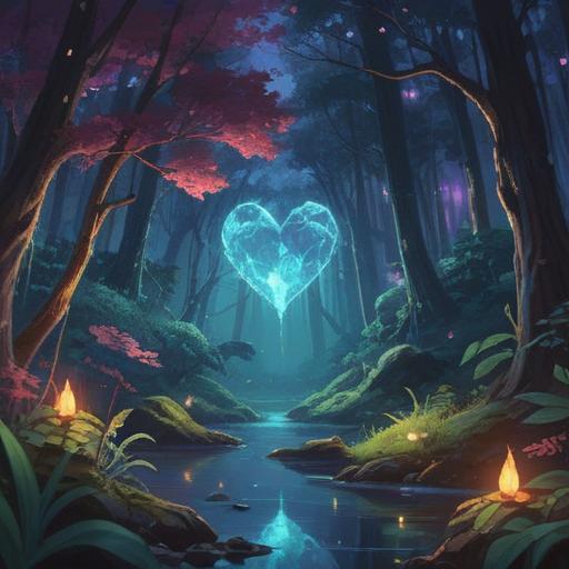 A serene scene featuring a glowing heart-shaped crystal, illuminated by lightning strikes in a dark forest, calming aura, gentle light reflecting off the crystal's surface, surrounding flora shimmering with the electric energy, contrasting elements of chaos and tranquility, soft glow blending with shadowy surroundings, 4k