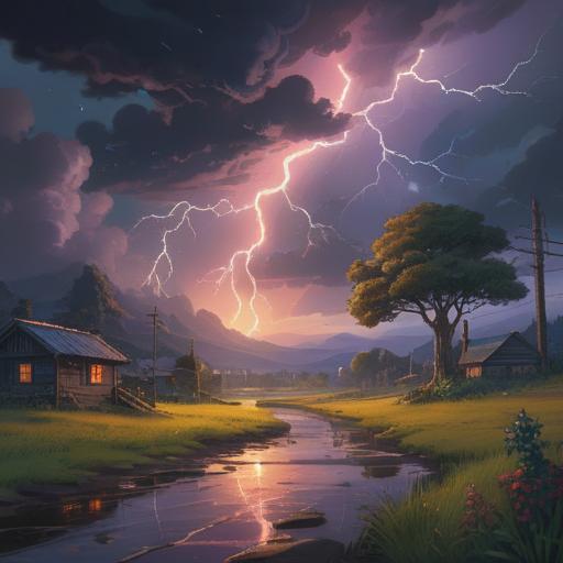 A mystical landscape illuminated by flashes of lightning, dark stormy clouds swirling above, vibrant energy pulsing through the air, raindrops falling gently, symbolic representation of spiritual awakening, hidden messages from the universe, connection between earth and sky, ethereal beings observing the storm, vibrant hues contrasting with dark tones, tranquil yet powerful atmosphere, 4k