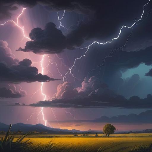 A mystical scene depicting a thunderstorm, vibrant lightning illuminating the sky, a sense of spiritual energy radiating from the dark clouds, glowing symbols of positivity in the air, serene landscape with trees swaying in the wind, captivating contrast of light and shadow, ethereal atmosphere, 4k