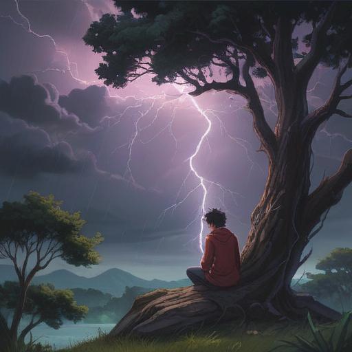 A spiritual illustration depicting a thunderstorm, ominous dark clouds, flashes of lightning illuminating the scene, a figure meditating under a protective tree, swirling energy around them, symbolic representations of intuition and awareness, vibrant colors contrasting with grey skies, mystical atmosphere, 4k
