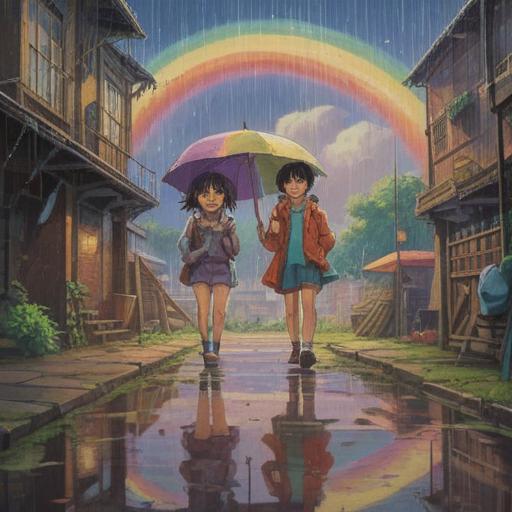 A serene scene depicting a vibrant rainbow emerging after a rainstorm, joyful atmosphere, people smiling and celebrating, children playing with puddles, lush greenery, clear blue sky in the background, sense of renewal and happiness, 4k