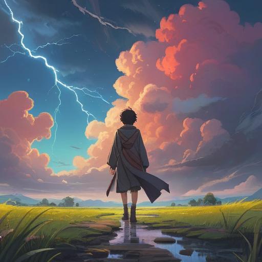 A serene landscape after a thunderstorm, vibrant colors reflecting the fresh sky, gentle sunlight breaking through clouds, a person standing in front of a forest, holding a small plant as a symbol of new beginnings, feeling grateful, soft raindrops on leaves, peaceful atmosphere, sense of renewal, expressive facial expression, 4k