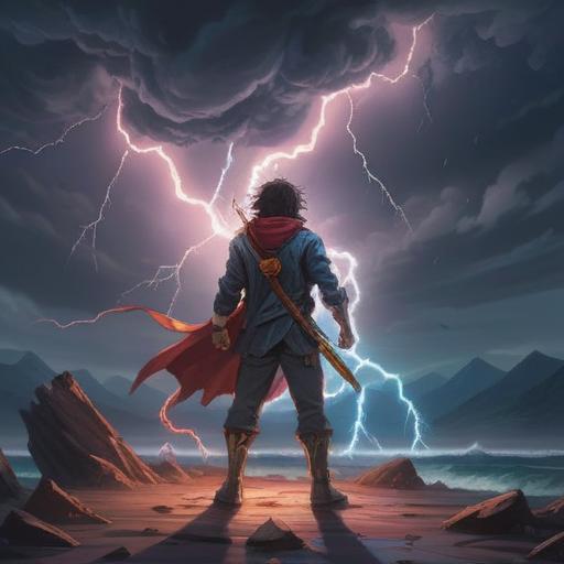 A powerful illustration of thunder and anger symbolizing spiritual meaning, dark stormy skies illuminated by bright lightning bolts, a strong, ethereal figure standing amidst the chaos, embodying raw energy and intensity, elements of passion and fury merging with mystical aura, dynamic movement, dramatic contrasts, 4k