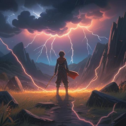 A mystical scene depicting lightning illuminating a serene landscape, vibrant colors, symbolic representation of spiritual awakening, a figure receiving guidance from the lightning, ethereal glow, connection with nature, peaceful atmosphere, clarity and enlightenment, 4k