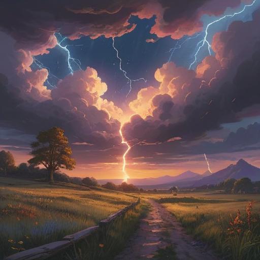 A spiritual scene depicting lightning as a positive omen, dramatic sky filled with lightning bolts, radiant light illuminating the landscape, serene atmosphere, people looking up with expressions of awe and hope, vibrant colors blending in the sky, mystical elements intertwined with nature, 4k