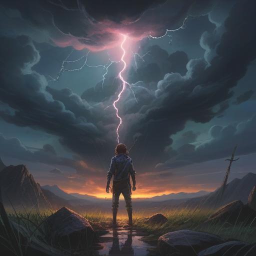 A captivating scene depicting a stormy sky filled with ominous clouds and striking lightning, a figure standing beneath the storm looking up in awe, illuminated by the lightning flash, symbols of spiritual signs surrounding the figure, emphasizing intuition and awareness, vivid colors, dramatic contrast, atmospheric lighting, impactful visual narrative