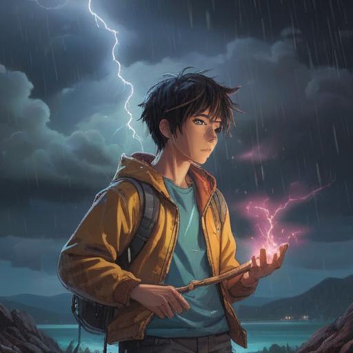 A vibrant illustration of a person holding a lucky charm during a thunderstorm, raindrops falling, lightning illuminating the dark sky, a sense of anticipation and hope, intricate details of the charm, the character's expression reflecting trust and belief in luck, a cozy outdoor setting, dramatic contrasts between light and shadow, 4k