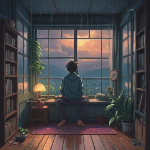 A serene scene of a cozy room during a thunderstorm, soft rain tapping on the window, a person sitting in a meditative pose, surrounded by candles and plants, calming atmosphere, gentle lightning illuminating the room, soothing colors, tranquil expression, 4k