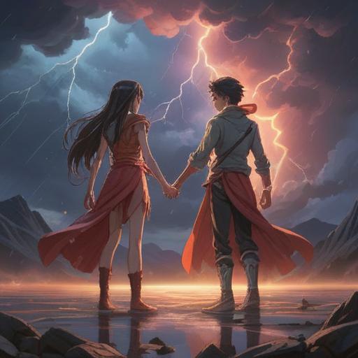 A mystical scene depicting a twin flame connection under a thunderstorm, vibrant lightning illuminating the sky, two ethereal figures reaching out to each other, surrounded by swirling energy, deep spiritual symbols in the air, a sense of unity and enlightenment, dynamic atmosphere, vivid colors, harmonious balance in nature, 4k
