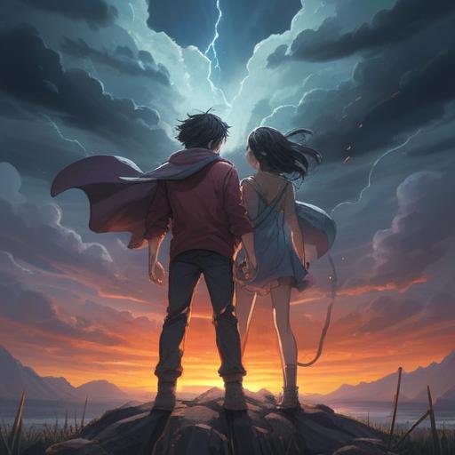 A breathtaking scene of a stormy sky with dramatic lightning illuminating two ethereal figures standing closely together, representing twin flames, the figures emanating a warm glow amidst the dark clouds, symbolic lightning strikes connecting them, a serene and mystical atmosphere, vivid colors contrasted with dark rain clouds, a sense of spiritual awakening and connection, 4k