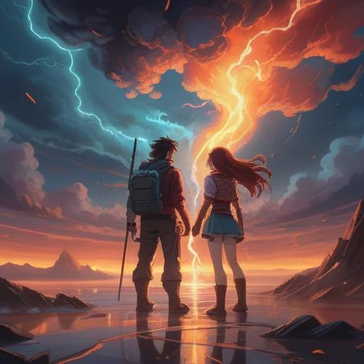 A captivating scene depicting twin flames experiencing a transformative moment under a dynamic thunderstorm, vibrant lightning illuminating their connection, lucky items like crystals and talismans scattered around them, a mystical aura surrounding the duo, deep emotional expressions on their faces, symbolizing growth and change, vivid colors emphasizing the contrasts, serene yet powerful atmosphere, 4k