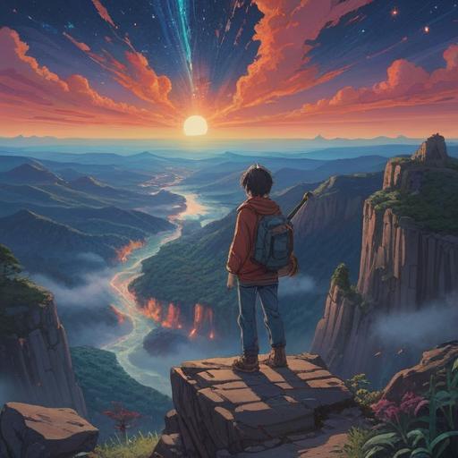 A solitary figure standing on a cliff, gazing at a vast, starry sky, radiant energy surrounding them, symbolizing introspection and self-discovery, ethereal light shining through dark clouds, deep emotion conveyed through soft expressions, tranquil yet powerful atmosphere, spiritual journey, high-resolution