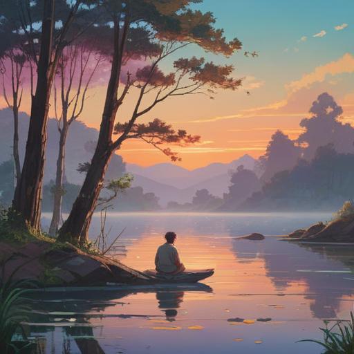 A serene landscape at dawn, soft light filtering through trees, a lone figure meditating by a calm lake, gentle mist rising, symbols of spiritual guidance appearing in the air, a sense of tranquility and hope, ethereal ambiance, nature's beauty, 4k
