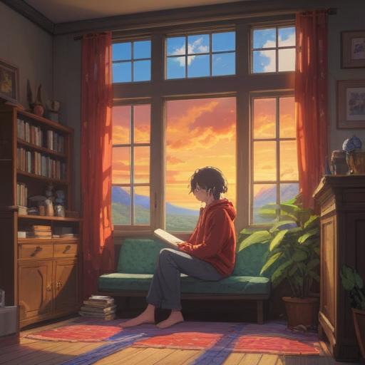 A reflective scene of a person sitting alone in a cozy room, engaging in a simple daily habit, warm sunlight streaming through the window, a journal open with a pen in hand, surrounding elements like a steaming cup of tea and a small plant, peaceful ambiance, transformative atmosphere, inviting space, 4k