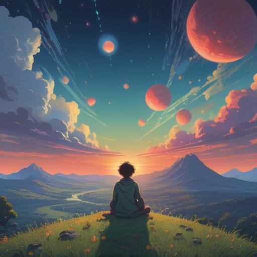 A serene and ethereal landscape, glowing orbs of light floating in the air, a figure meditating on a tranquil hilltop, vibrant colors blending with soft pastels, celestial elements such as stars and moons in the background, a sense of hope and anticipation for the next life, peaceful and reflective atmosphere, 4k