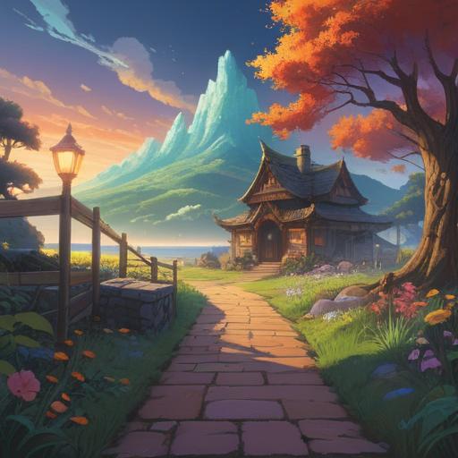 A serene and mystical landscape, vibrant colors, ethereal light, a pathway leading towards a radiant horizon, symbolic elements representing hope and rebirth, gentle flowing water reflecting the sky, lush greenery surrounding the path, shimmering stars above, a sense of tranquility and anticipation, 4k
