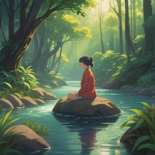 A serene landscape illustrating a spiritual life, gentle flowing river, vibrant lush greenery, meditative figure practicing mindfulness, soft sunlight filtering through trees, peaceful atmosphere, harmony with nature, symbols of enlightenment, 4k