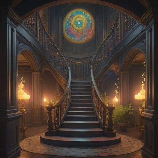 A mystical spiral staircase, symbolizing spiritual ascension, surrounded by ethereal light, intricate carvings on the railing, soft glowing orbs floating around, hints of ancient ruins, tranquil atmosphere, inviting yet mysterious, reflecting deep contemplation, 4k