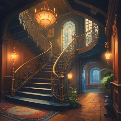 A mystical spiral staircase, illuminated by soft golden light, ethereal symbols swirling around, captivating details on the staircase railings, serene atmosphere, a sense of journey and discovery, hidden spiritual messages, enchanting floral motifs on the walls, inviting yet mysterious ambiance, 4k
