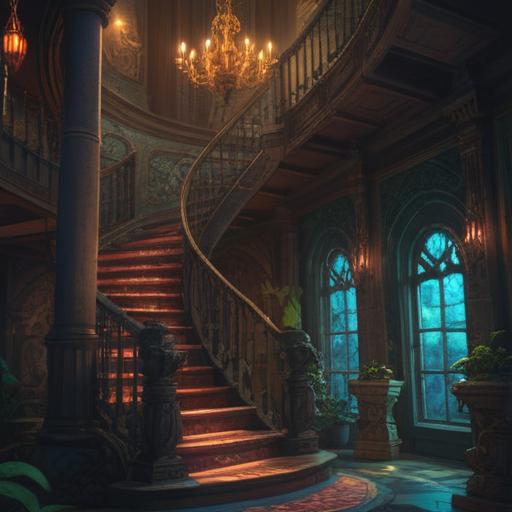 A spiral staircase illuminated by soft light, showcasing a glowing lucky stone at the top, surrounded by intricate carvings and ornate details, a sense of mystical energy in the air, shadows playing on the walls, inviting atmosphere, 4k
