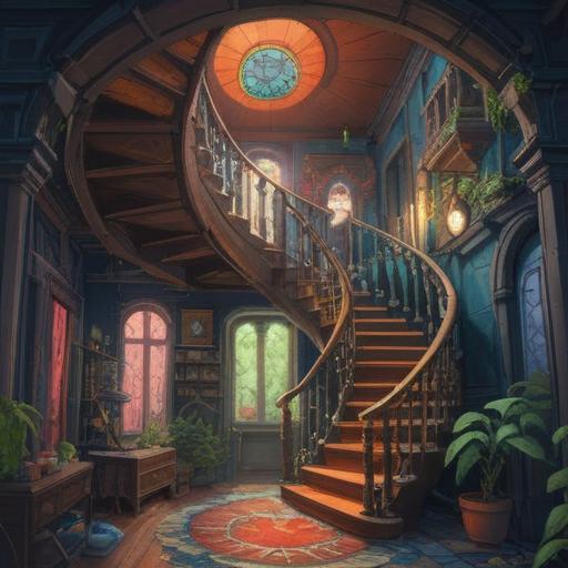 A journey through life represented by a spiral staircase, each step symbolizing personal growth and experiences, intricate details of the staircase design, soft lighting highlighting the curves, a figure ascending the stairs, reflecting on memories and future, a blend of surreal and realistic elements, evoking a sense of wonder and introspection, 4k