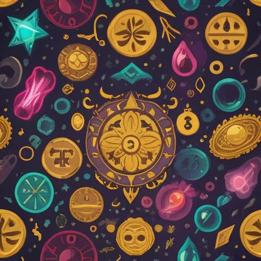 A vibrant illustration of a lucky charm, mystical symbols, glowing aura, surrounded by various desirable items like gold coins and gemstones, enchanting atmosphere, colorful sparkles, magical essence, captivating details, 4k