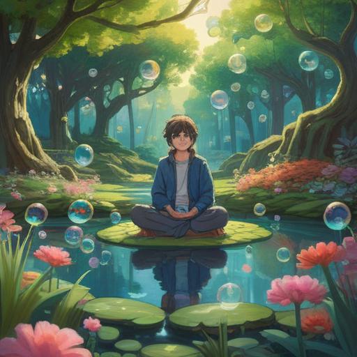 A serene illustration of a person meditating in a tranquil garden, surrounded by floating thoughts represented as colorful bubbles, each bubble symbolizing a different desire or goal, soft sunlight filtering through the trees, gentle breeze creating ripples in a pond, a sense of peace and clarity, harmonious colors, 4k