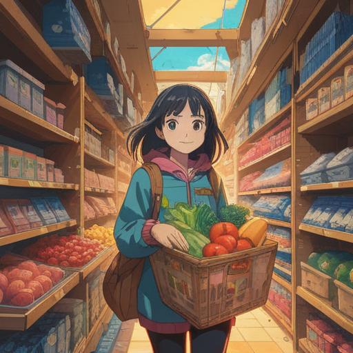 A serene illustration depicting a person joyfully shopping, surrounded by ethereal light, organic shapes representing abundance, positive energy radiating from the items, symbols of prosperity and spirituality, soft pastel colors, harmonious atmosphere, uplifting scene, 4k