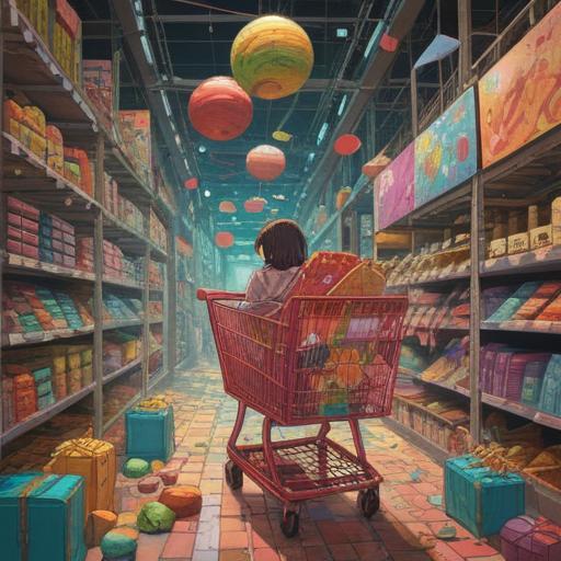 A thought-provoking illustration depicting the moment of overindulgence in shopping, vibrant colors, a shopping cart overflowing with items, spiritual symbols subtly interwoven, an ethereal glow surrounding the scene, cautionary signs in the background, a blend of modern and mystical elements, 4k resolution