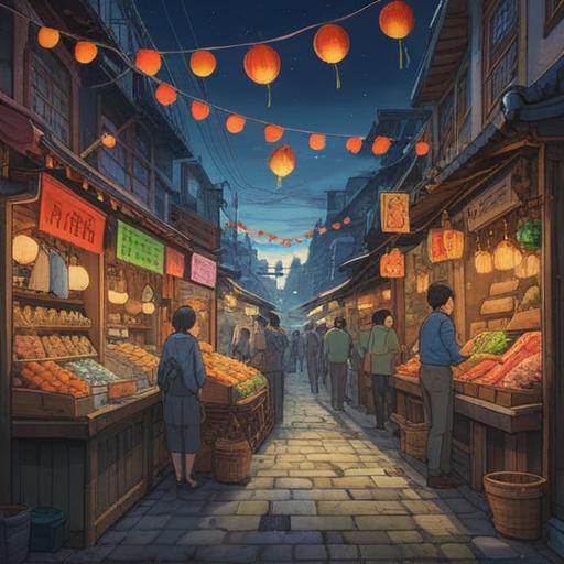 A vibrant scene of a person in a bustling marketplace, surrounded by colorful stalls filled with various items, a shining lucky charm in their hand, enthusiastic expressions on other shoppers' faces, the sun shining brightly, an atmosphere of excitement and joy, detailed textures of the merchandise, 4k