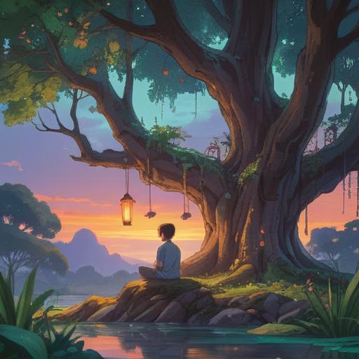 A serene and tranquil scene representing a state of spiritual fulfillment, a person sitting peacefully in meditation under a large tree, surrounded by floating orbs of light and gentle nature, symbols of abundance and clarity in the air, soft golden light filtering through the leaves, a gentle breeze creating a sense of calm and harmony, depicting a moment of introspection and connection to the universe, 4k