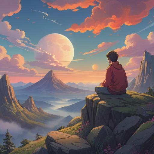 A serene, introspective scene, a person meditating on a mountain peak, surrounded by ethereal light, gentle clouds swirling around, symbolic representations of emptiness and fulfillment, soft glowing orbs indicating spiritual signs, tranquil atmosphere, nature's beauty, reflective expression, 4k