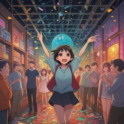 A whimsical scene depicting a character experiencing unexpected joy, surrounded by colorful confetti, a surprise party atmosphere, expressions of delight and excitement, playful interactions, an abundance of gifts symbolizing abundance without desire, cheerful environment, lighthearted moments, 4k