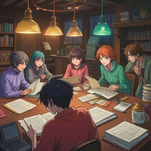 A visually engaging illustration of a diverse group of people collaborating around a large table, stacked with documents and digital devices, brainstorming ideas, vibrant atmosphere, various age groups, energetic expressions, colorful stationery, open notebooks, 4k