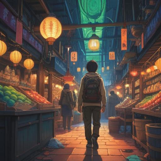A serene illustration depicting a person standing in a metaphysical marketplace, surrounded by vibrant, glowing items representing desires and aspirations, ethereal light illuminating the scene, a sense of fulfillment and happiness emanating from the character, intricate details in the items that symbolize spiritual growth, calming colors, tranquil atmosphere, 4k