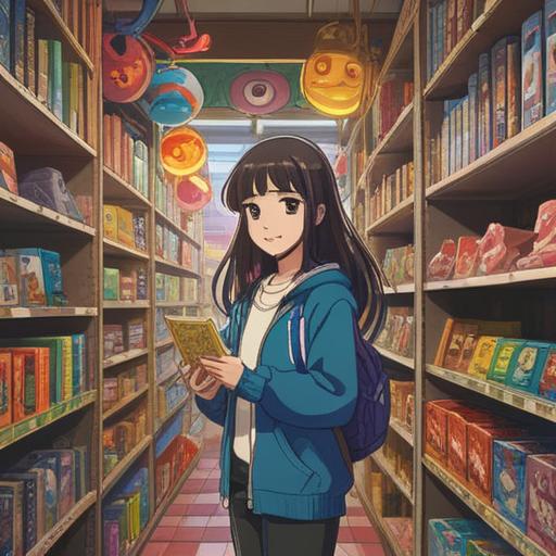A vibrant and whimsical illustration of a person holding a lucky charm while shopping, colorful store shelves filled with toys and gadgets, a sparkling aura around the lucky item, cheerful expression, diverse shopping environment, engaging atmosphere, bringing joy and excitement, 4k