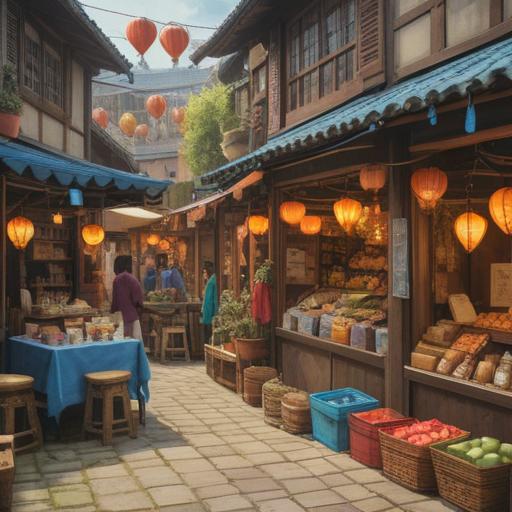 A serene and peaceful shopping scene, warm and inviting atmosphere, diverse people exploring a charming marketplace, colorful stalls filled with unique handcrafted items, joyful expressions, nature-inspired displays, sunlight filtering through the trees, a sense of community and connection, enriching experiences, 4k