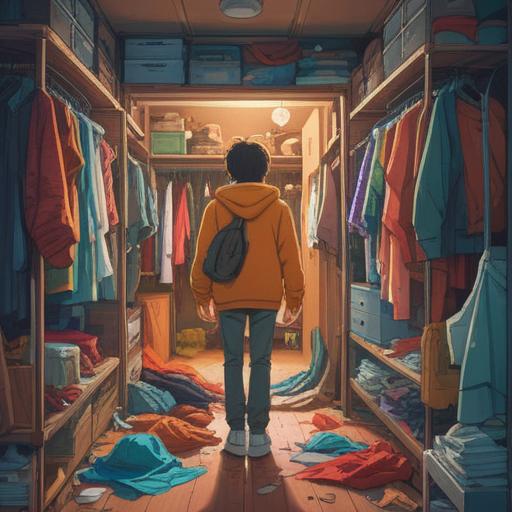 A surreal representation of a person searching through a vast, endless closet filled with an overwhelming variety of clothes, ethereal light illuminating the scene, a sense of frustration and longing on the character's face, symbolic representations of spiritual guidance and self-discovery surrounding the individual, dreamlike atmosphere, intricate details on the clothing items, 4k