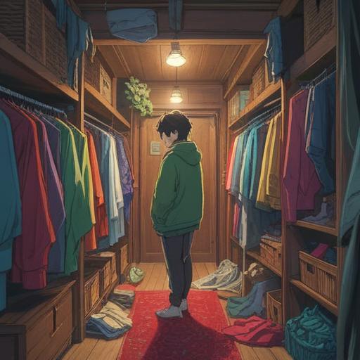 A spiritual metaphorical illustration, a person searching through an endless closet filled with clothes, wearing a thoughtful expression, ethereal light illuminating the path, symbols of growth and self-discovery surrounding them, vibrant colors, dreamlike atmosphere, intricate details, 4k