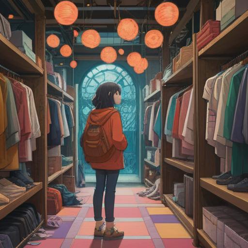 A woman in a boutique, looking frustrated while searching through clothing racks, surrounded by subtle glowing orbs representing spiritual signs, soft ethereal light, hints of intuition, a feeling of being lost yet guided, stylish but overwhelming choices, a sense of longing, 4k
