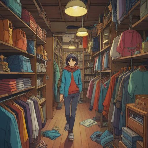 A person browsing through a cluttered thrift shop, surrounded by racks of clothes, holding a unique and eye-catching accessory, sparkles around the accessory indicating luck, expressions of joy and surprise, warm lighting, vintage style, detailed items in the background, 4k