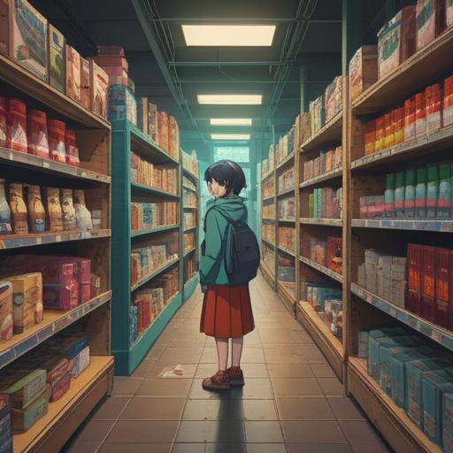 A spiritual moment of reflection, a person standing in front of an empty store shelf, surrounded by soft, ethereal light, facial expression of realization and acceptance, ghostly whispers symbolizing missed opportunities, calming colors evoking serenity, intricate details of the store's ambiance, suggesting deeper meanings, 4k