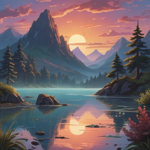 A serene landscape symbolizing spiritual abundance, a glowing light emanating from a distant mountain, gentle waves rippling in a tranquil lake, lush greenery surrounding a vibrant garden, ethereal clouds floating in a clear blue sky, natural harmony, uplifting energy, 4k