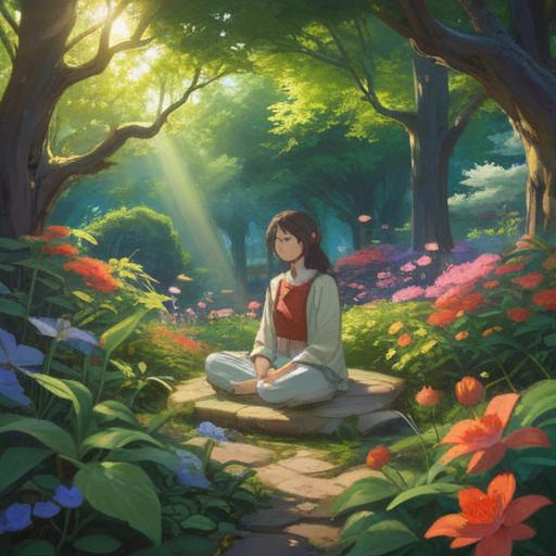 A serene scene depicting a peaceful individual meditating in a tranquil garden, surrounded by blooming flowers, rays of sunlight filtering through trees, reflecting a sense of calm and focus, symbols of good fortune like four-leaf clovers and coins, an ambiance of positivity and mindfulness, encouraging energy of hope and preparation for attracting luck, soft pastel colors, harmonious composition, 4k