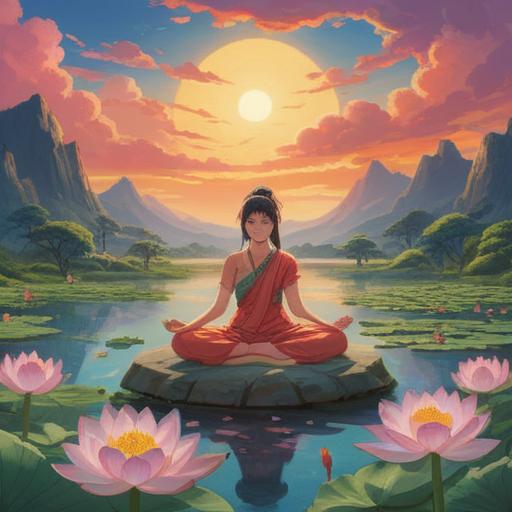 A serene spiritual landscape, calm and tranquil environment, soft light filtering through ethereal clouds, meditative figure sitting in lotus position, surrounded by nature's beauty, vibrant colors reflecting inner peace, harmonious atmosphere, symbolism of letting go, clarity and enlightenment, 4k